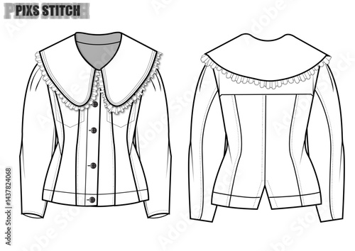 Women's Denim Jacket Technical Flat Sketch with Ruffled Collar – Fashion Design CAD