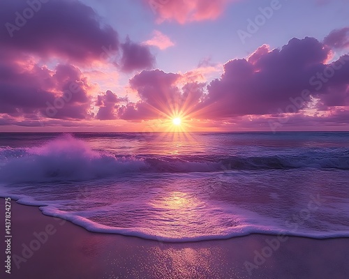 Vibrant sunset over ocean waves on sandy beach