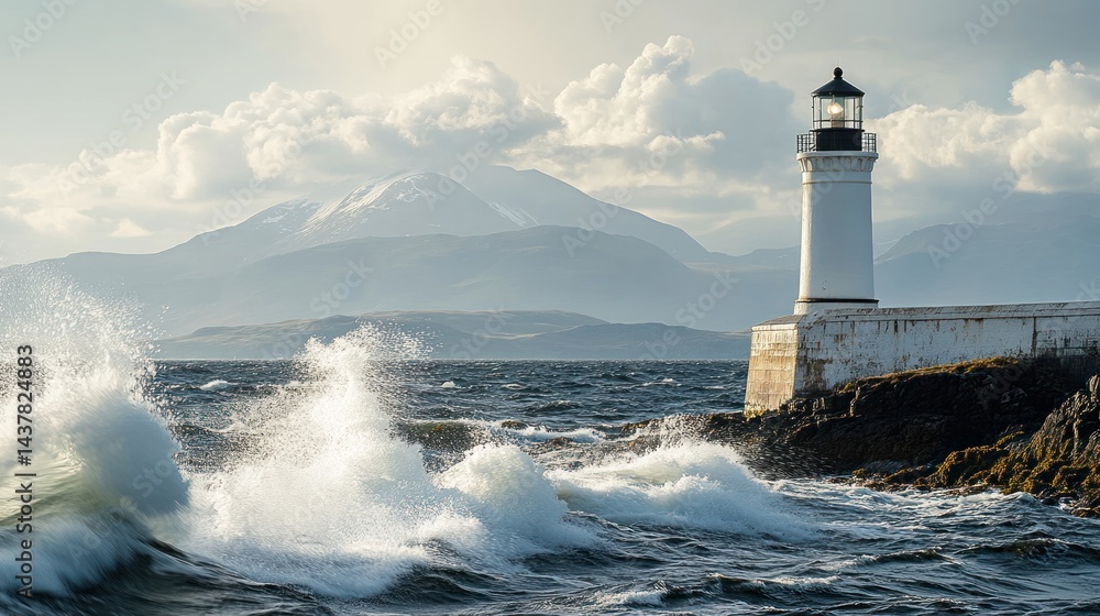 Dramatic coastal scene with lighthouse, crashing waves, and distant snow-capped mountains under a cloudy sky. Dramatic coastal scene with lighthouse, crashing waves, and distant snow-capped mountains under a cloudy sky.