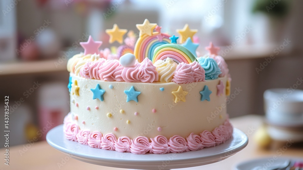 Vanilla cloud cake decorated with pastel stars and rainbows Vanilla cloud cake decorated with pastel stars and rainbows