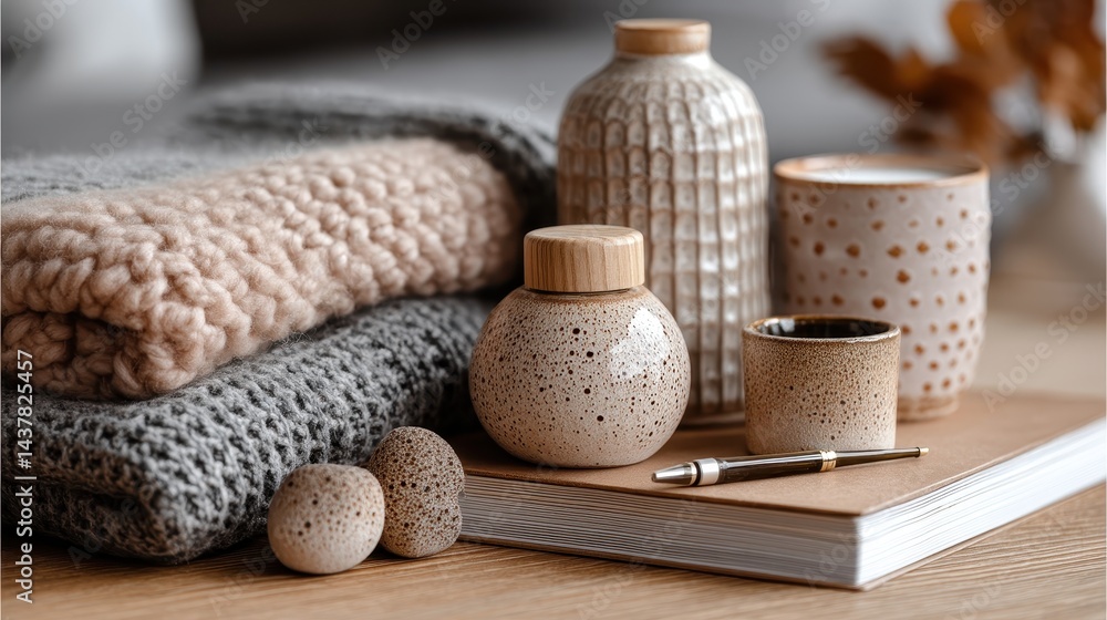 A boho inspired workspace with a neutral toned desk, handmade clay storage jars, and a soft woolen throw, evoking a peaceful, minimalist environment. A boho inspired workspace with a neutral toned desk, handmade clay storage jars, and a soft woolen throw, evoking a peaceful, minimalist environment.