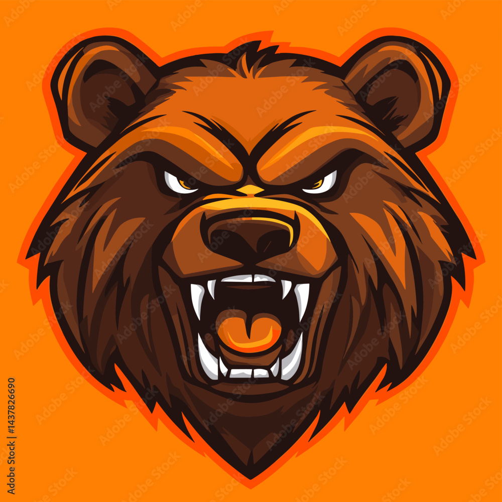 Fototapeta premium Fierce roaring bear on orange background