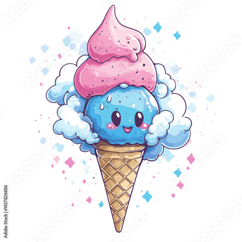 Cute ice cream cone with smiling scoops