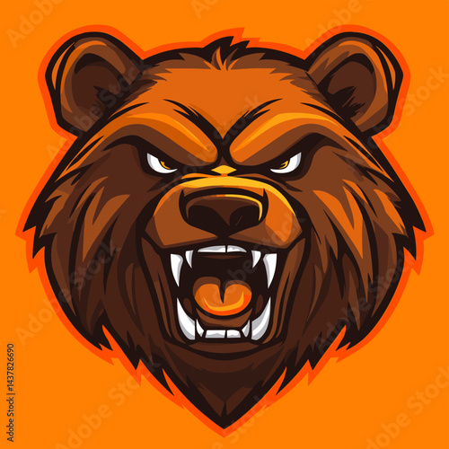Fierce roaring bear on orange background