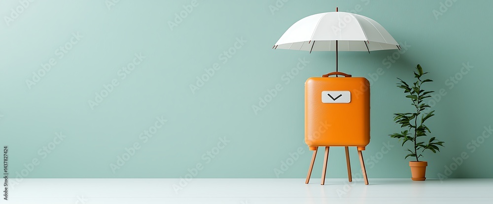 custom made wallpaper toronto digitalOrange suitcase art with umbrella, plant, and aqua wall. Clean design concept