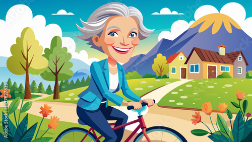 close up Mature woman smiling outdoors on a bike