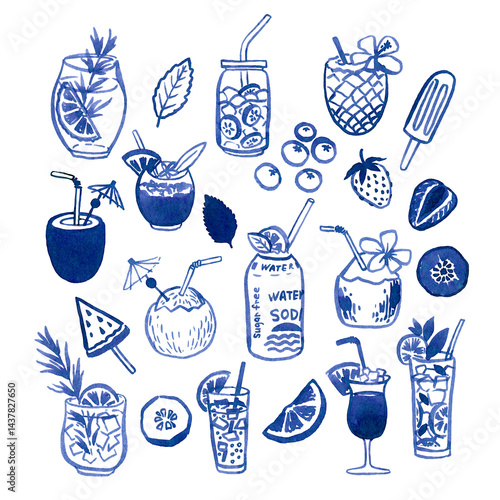 Watercolour hand drawn summer fruit cocktail. Freehand doodle drink and fruit cocktail, fruit slices use as print, element desing, poster, textile, clothes print, label, invitation, menu illustration.