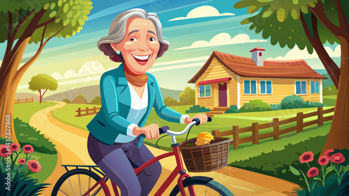 close up Mature woman smiling outdoors on a bike