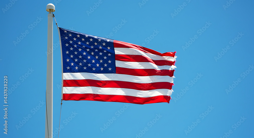Obraz premium Waving American flag with stars and stripes against a clear blue sky, concept for patriotism, national pride and United States of America representation