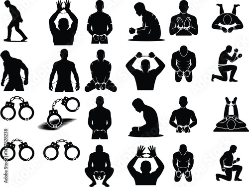 Man Handcuffed Silhouette | Arrested Prisoner Icon Set Handcuff Man Silhouette Set | Law Crime Justice Vector

