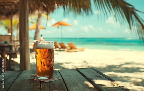 Beachside beer. Relaxation by the ocean under sun. Loungers, umbrella, wood deck