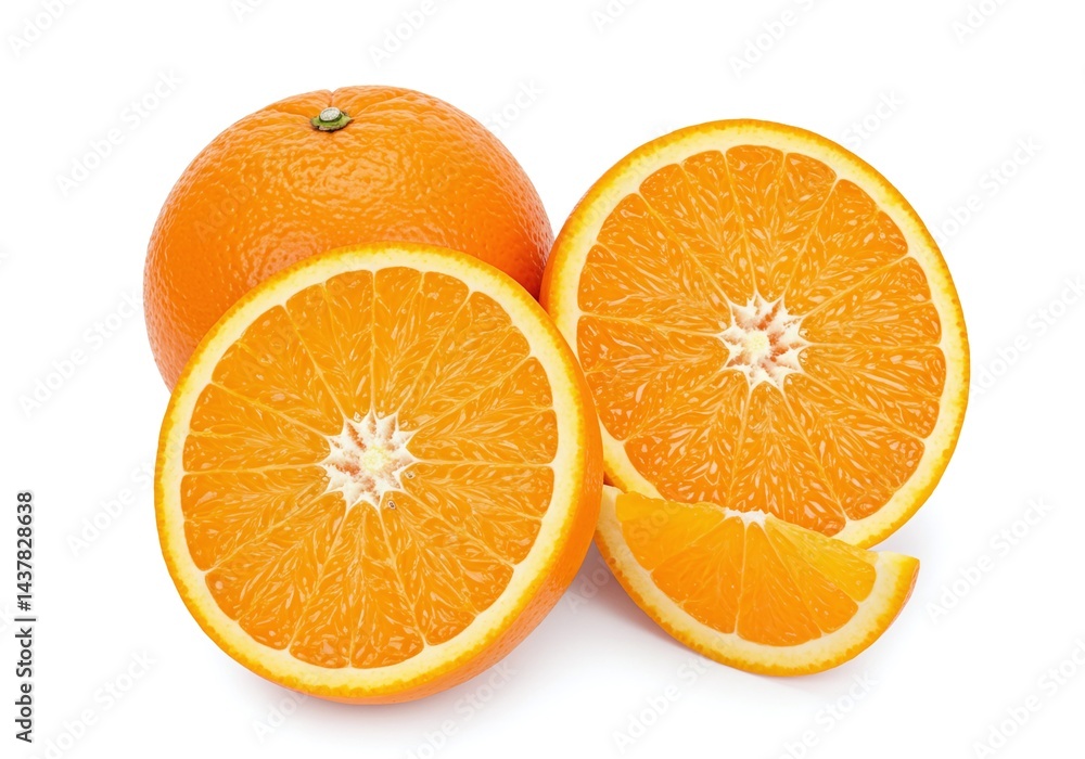 Fresh oranges, whole and sliced isolated on white background Fresh oranges, whole and sliced isolated on white background