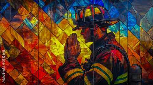 Fire and Honor Stained Glass Tribute of a Firefighter in Prayer with Radiant Colors Symbolizing Service