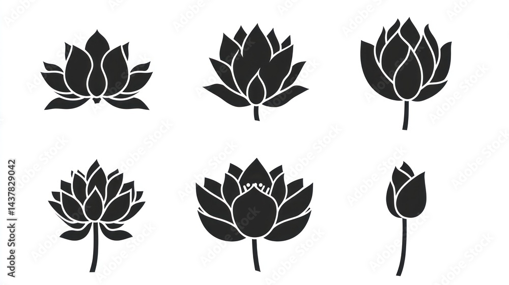 Obraz premium Six lotus flower silhouettes; various bloom stages; white background; for design