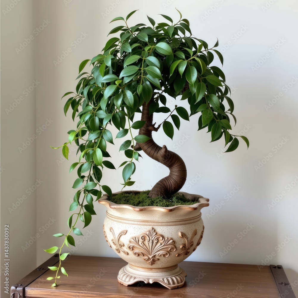 Elegant Ficus Bonsai Tree in Ornate Pot Indoor Plant Home Decor Elegant Ficus Bonsai Tree in Ornate Pot Indoor Plant Home Decor