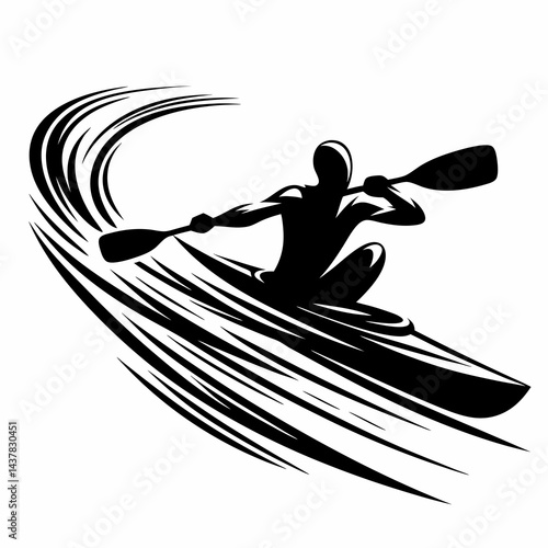 silhouette of Canoeist racing whitewater waves in a dynamic style  