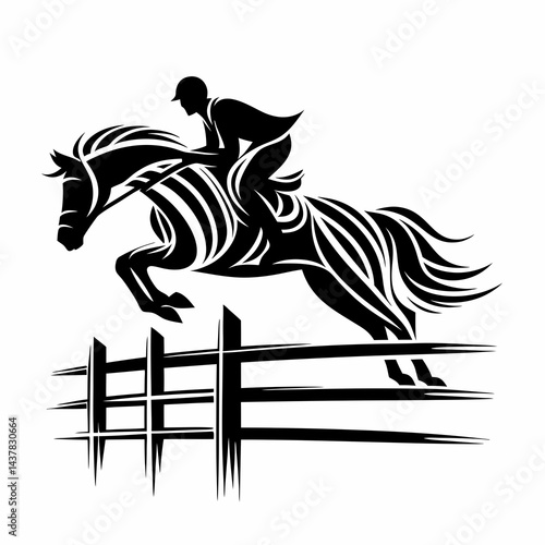 Horse and rider jumping over a fence in dynamic silhouette style  