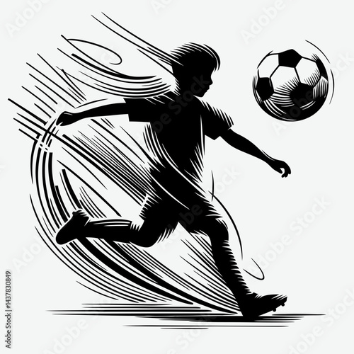 Boy kicking soccer ball with dynamic motion effects  