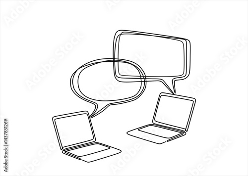 Social network. Continuous one line drawing of laptop and speech bubbles. learning or meeting online with teleconference, video conference remote working , work from home