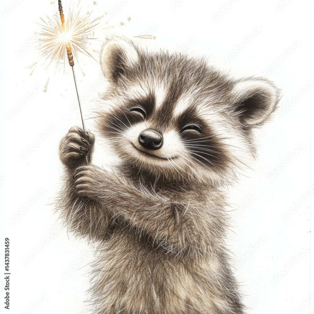 Obraz premium Mischievous raccoon winks while holding sparkler, expressing joyous delight
