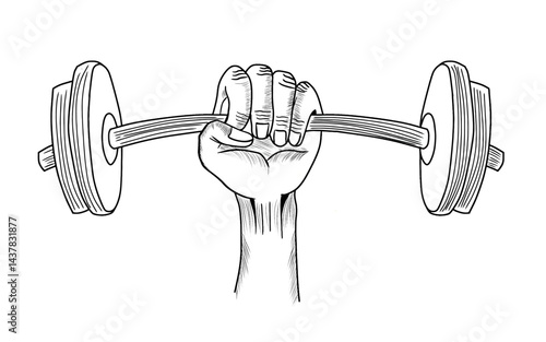 Vector illustration of a fist drawn with a big dumbbell. Sketch Design. Barbell Grip Illustration, Fitness Exercise Drawing
