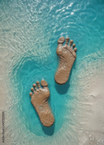 Muddy footprint in turquoise pool water, ripples and splash evident , mud, view, outdoor