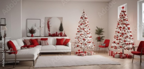 Modern white & red minimalist Christmas tree in contemporary living room , xmas, living room, red ornaments