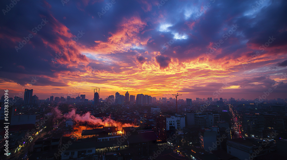 Obraz premium stunning cityscape at sunset, showcasing vibrant colors in sky and urban silhouettes