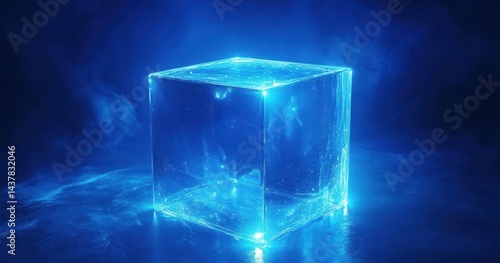 A vibrant, luminous, crystalline cube, bathed in ethereal blue light, sits on a reflective surface.  The cube appears to be suspended in a smoky,  vaporous atmosphere