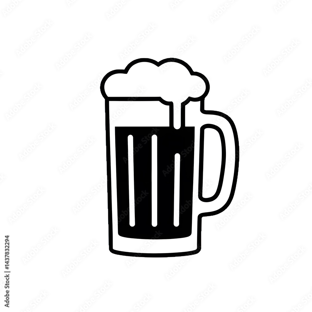 Simple black and white silhouette icon of a frothy beer mug Simple black and white silhouette icon of a frothy beer mug