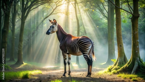 A lone okapi stands serenely in a sun-dappled forest, its striped coat gleaming in the ethereal light filtering through the trees.