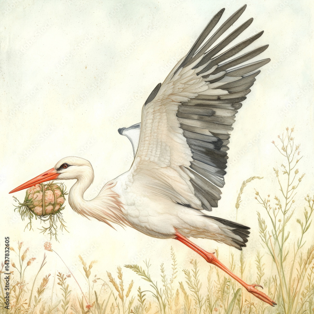 Fototapeta premium Stork carrying bundle flying. heartwarming feeling is present