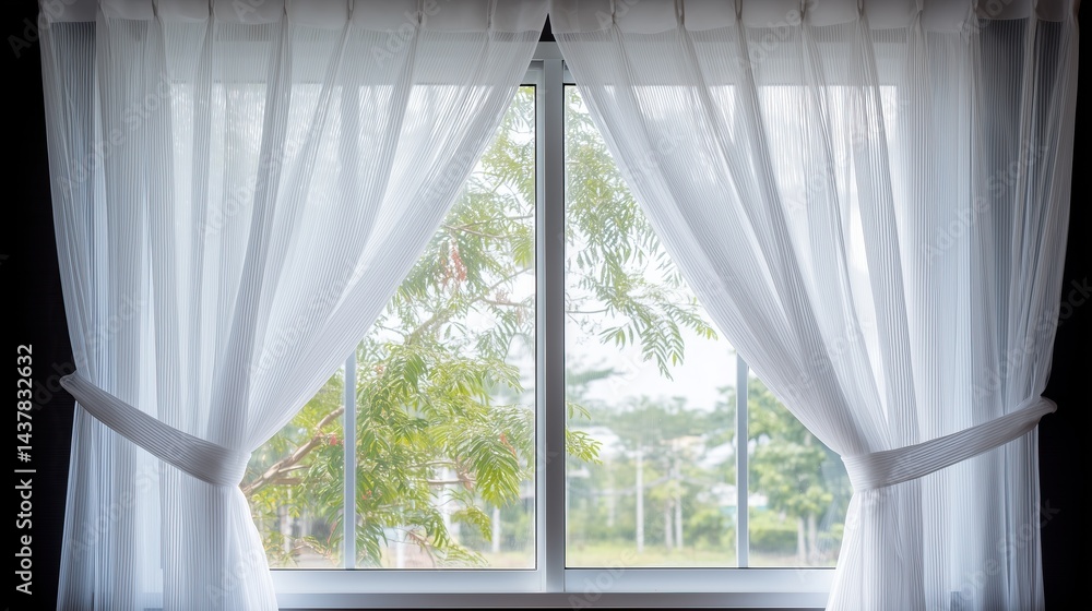 Window with white curtains offering glimpse of outside world framing view of green trees Window with white curtains offering glimpse of outside world framing view of green trees