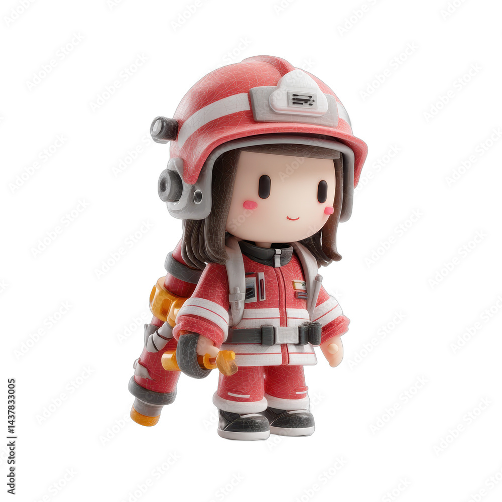 3D cartoon chibi firefighter wearing red uniform and helmet holding fire hose isolated on white background studio lighting product photography minimal clean background e commerce cutout transparent PN 3D cartoon chibi firefighter wearing red uniform and helmet holding fire hose isolated on white background studio lighting product photography minimal clean background e commerce cutout transparent PN