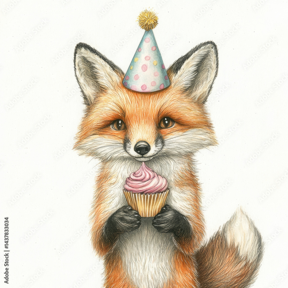 Obraz premium Whimsical fox with party hat holds cupcake, looks happy and festive
