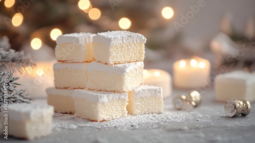 Marshmallow cake slices stacked under fairy lights