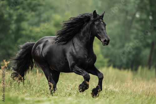 Black Horse Running in Open Field
