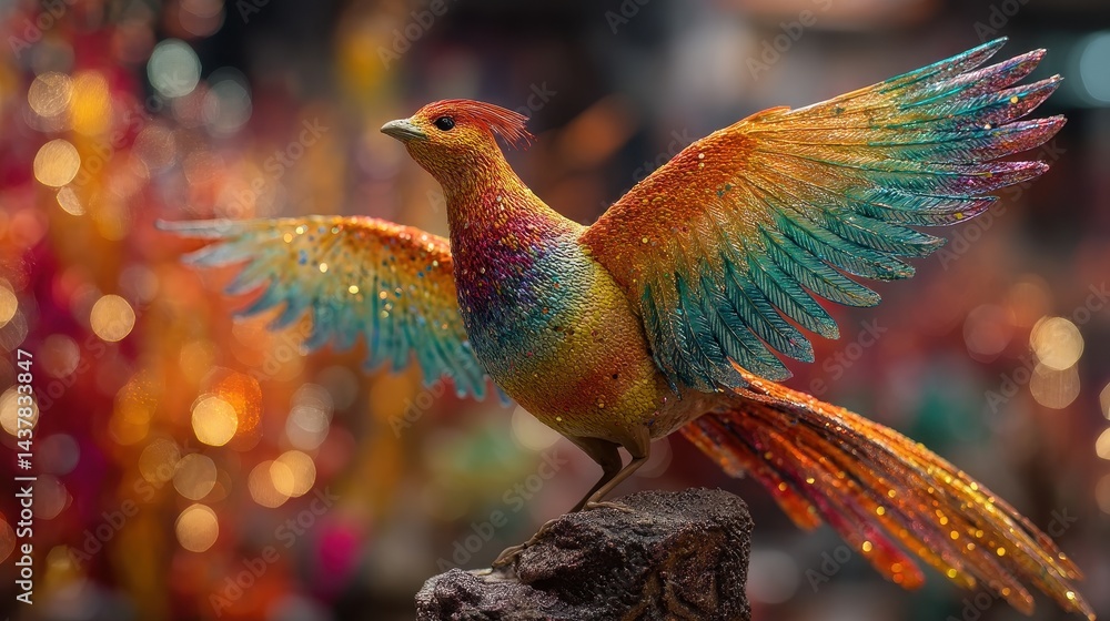 Obraz premium Rainbow phoenix bird soaring above ceramic podium fiery background intense glow effects
