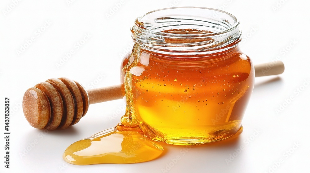 Glass Jar of Honey with Dipper and Golden Honey Trail Glass Jar of Honey with Dipper and Golden Honey Trail