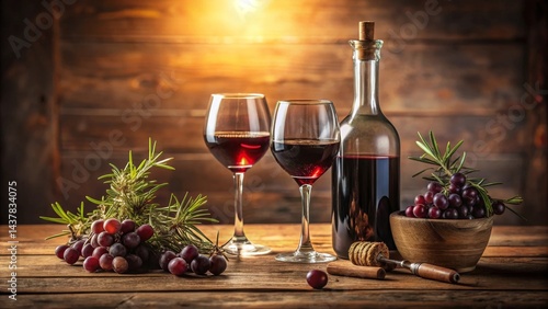 Rustic Still Life Featuring Two Glasses of Red Wine, a Bottle, Grapes, and Herbs on a Wooden Table