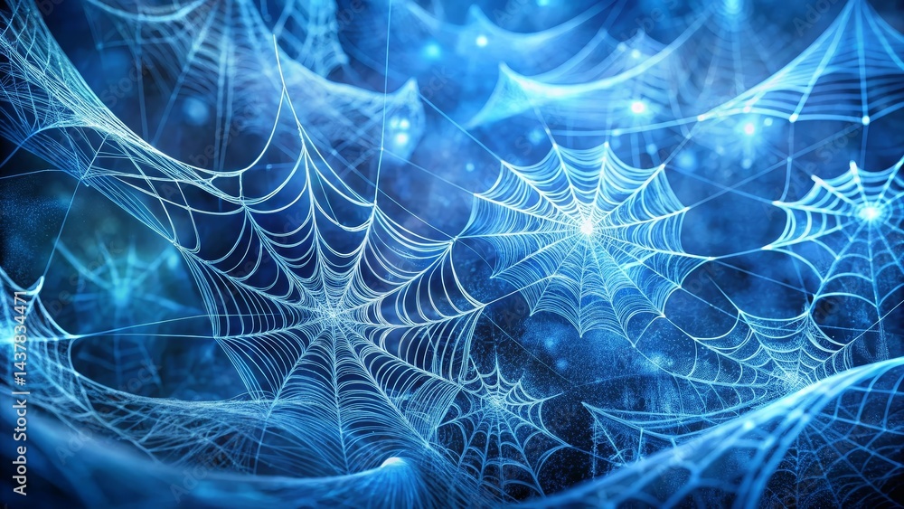 Fototapeta premium Intricate Blue Spiderwebs in a Mysterious Night Setting