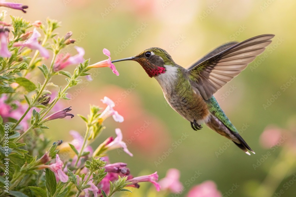 Naklejka premium Colorful Hummingbird in Flight with Pink Flower and Sunlight