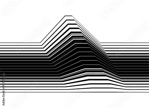 Striped stripe. Abstract vector pattern of black lines, minimalistic background, design element, perspective, three-dimensional shape, modern art, digital design, technological background, futurism.