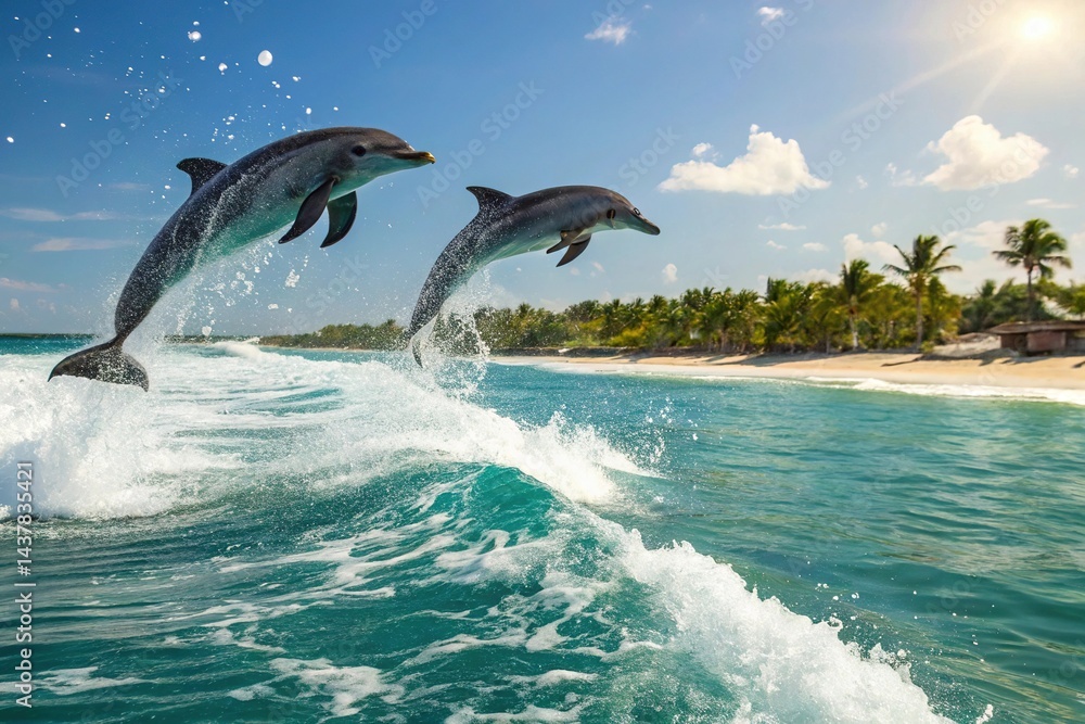 Obraz premium Dolphins Jumping Over Ocean Waves Near Tropical Beach