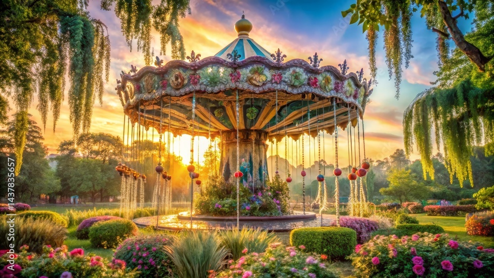 Obraz premium A whimsical carousel in a vibrant garden at sunset, bathed in golden light, surrounded by colorful flowers and lush greenery, creating a magical and enchanting scene.