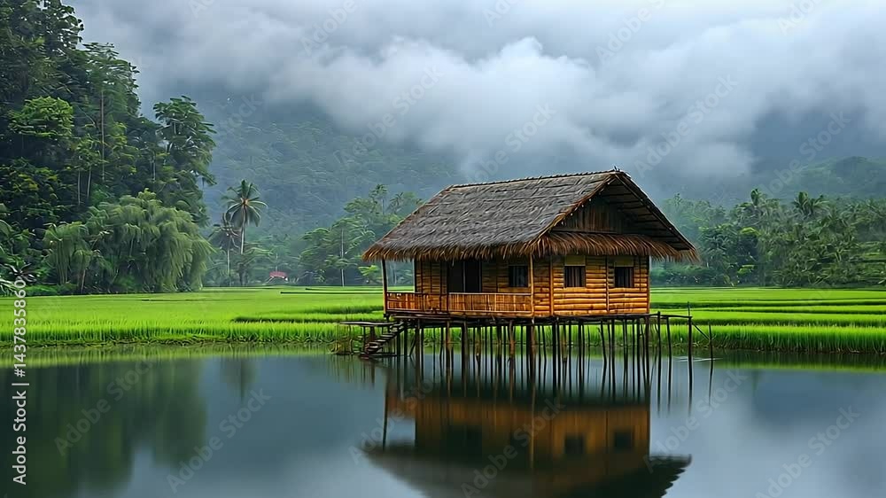 Tranquil wooden hut by a serene lake in lush nature Tranquil wooden hut by a serene lake in lush nature