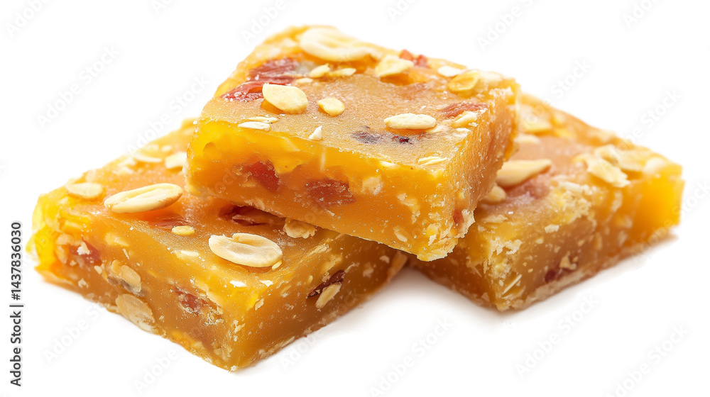 Three pieces of a yellow dessert with nuts on top. The dessert is stacked on top of each other Three pieces of a yellow dessert with nuts on top. The dessert is stacked on top of each other