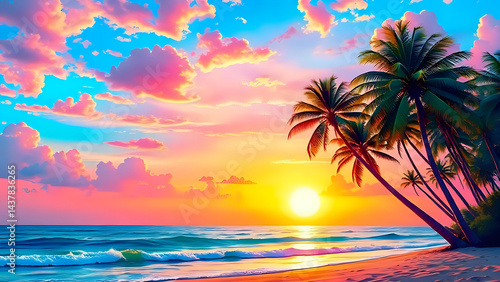 Colorful Tropical Sunset on the Beach, Bright Sky with Shades of Pink, Orange and Blue, Tall Curved Palm Trees in the Foreground, Calm Ocean Waves, Sun Reflection on the Water