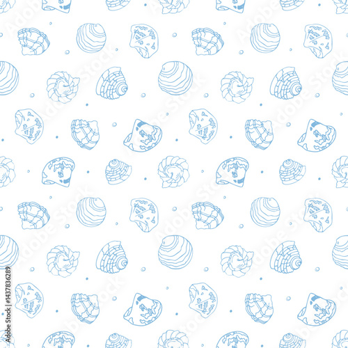Hand-drawn whimsical seashell background, seamless vector pattern. 