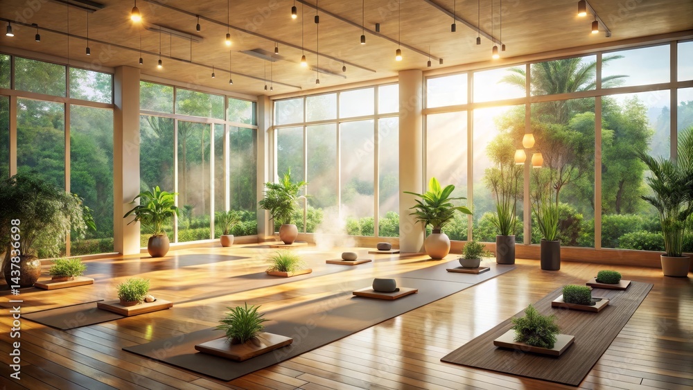 Serene Indoor Yoga Studio with Expansive Natural Light and Lush Greenery Serene Indoor Yoga Studio with Expansive Natural Light and Lush Greenery